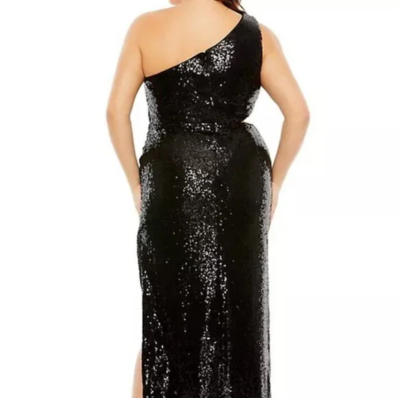 Mac Duggal Black Sequin One Shoulder Side Cutout Gown Maxi